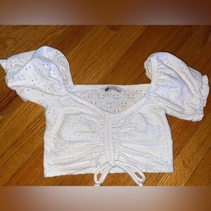 SO White Eyelet Ruched Crop Top